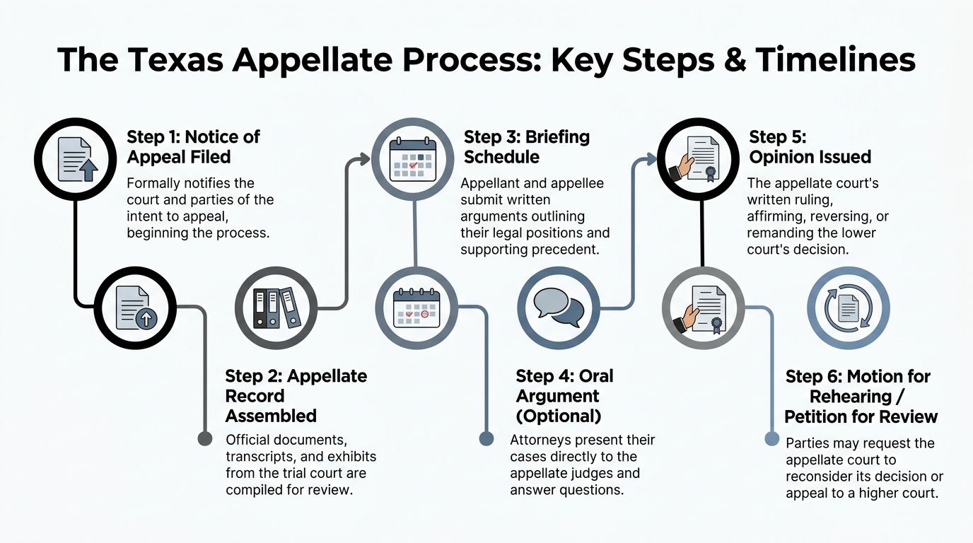 A flowchart infographic outlining the six key steps of the Texas legal appellate court process.