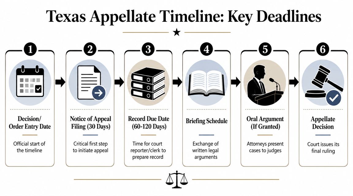 A flow chart illustrating the step-by-step key deadlines in a Texas appellate legal process.