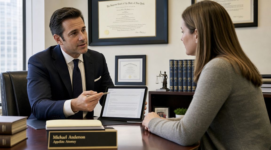 A male attorney in a suit sitting at his desk, discussing a legal document with a female client.