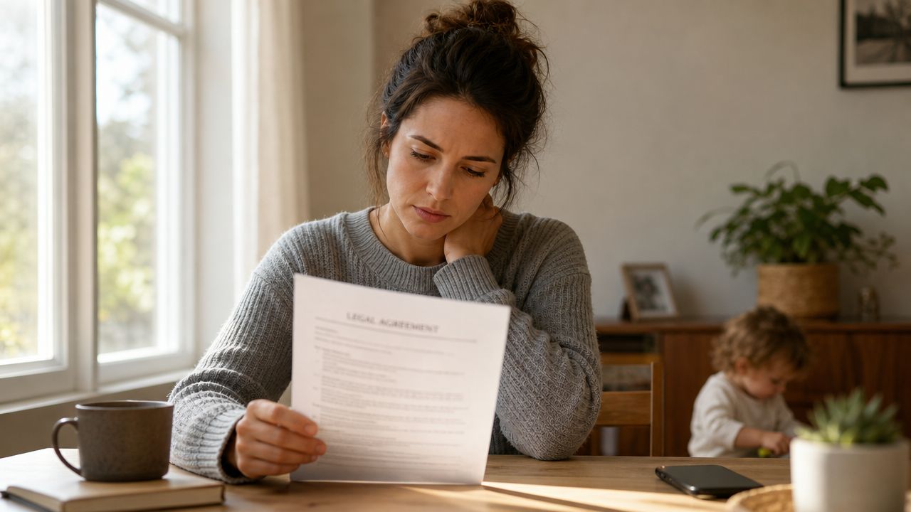 A concerned mother reading a legal agreement document while sitting at a table with her child nearby.