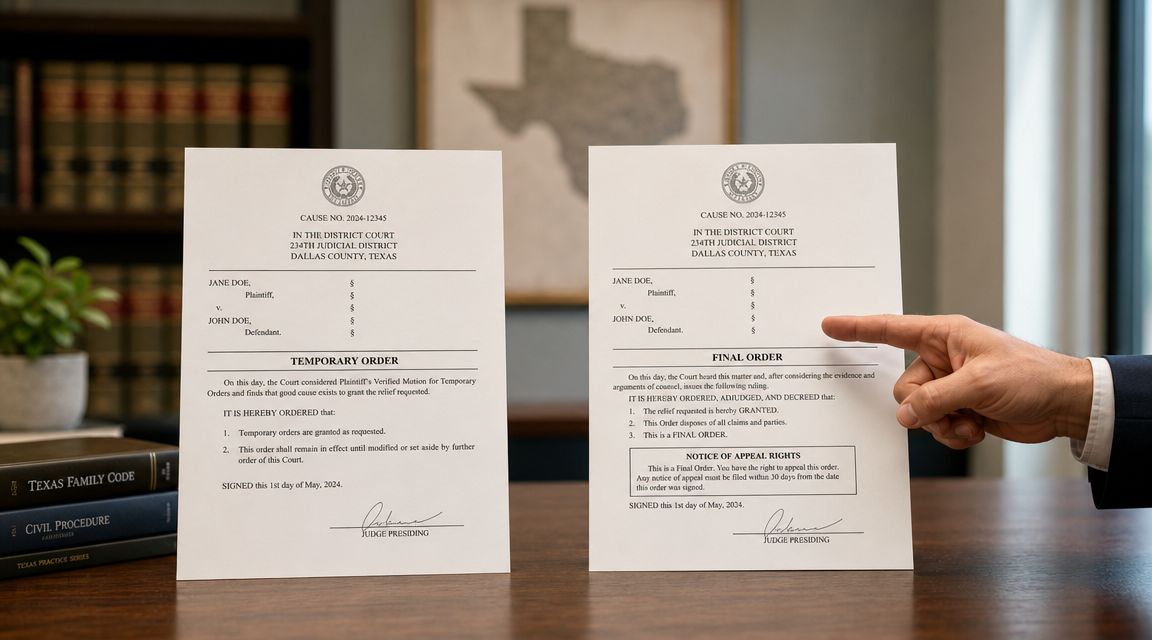 A hand points to a final order legal document on a desk next to a temporary order.