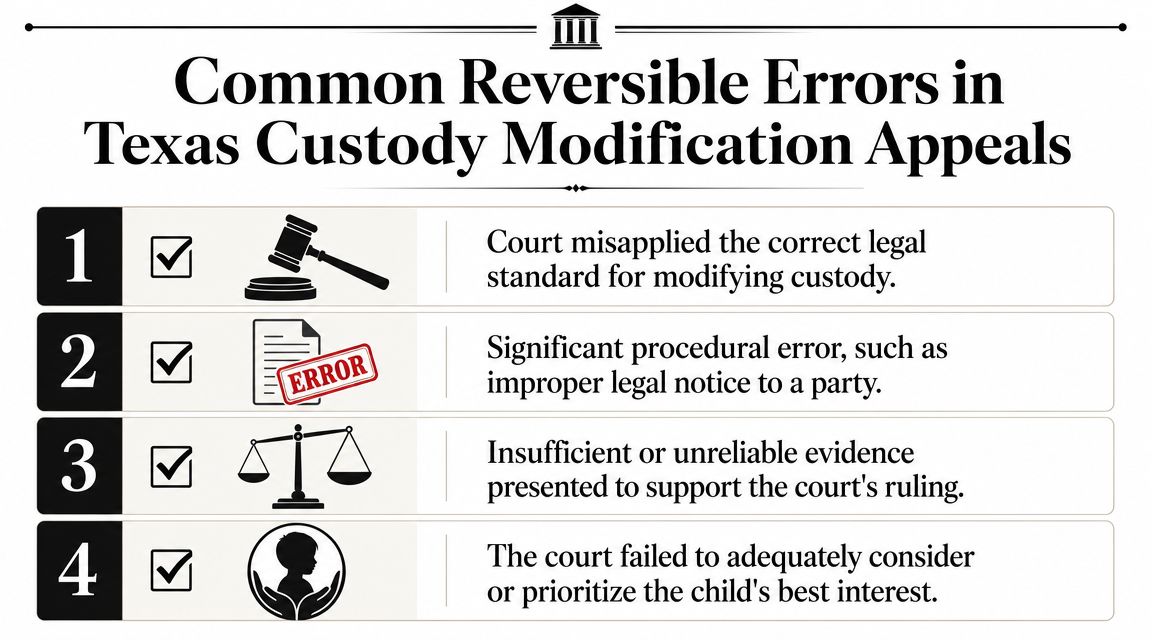 A list outlining four common reversible errors in Texas child custody modification legal appeals.