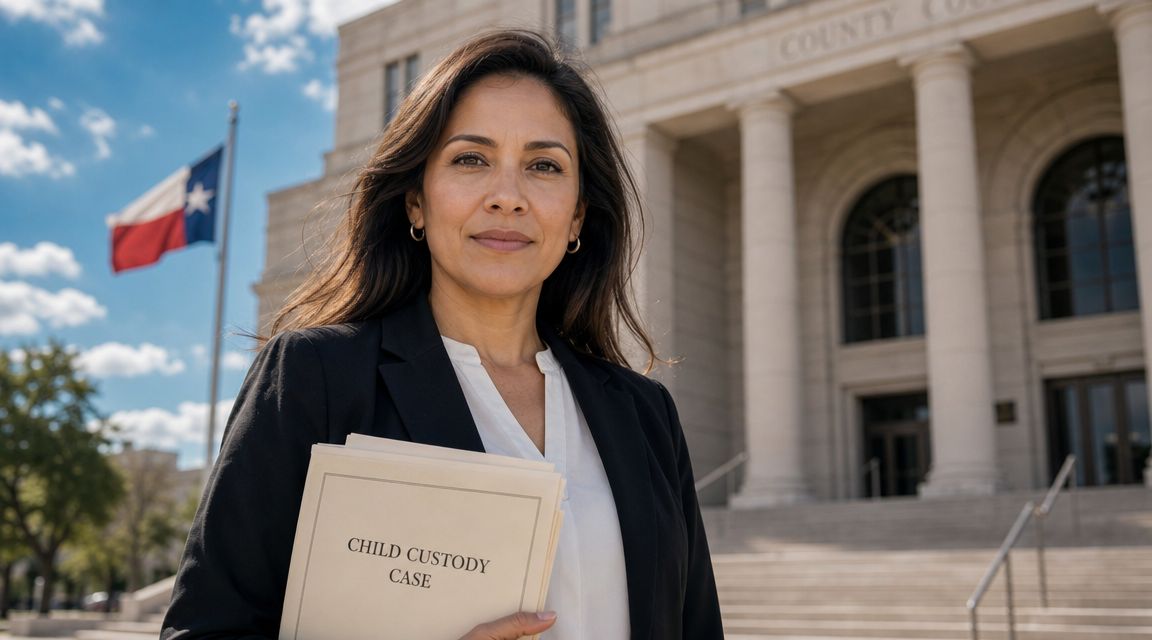 A professional woman holding a child custody case document outside a courthouse in Texas.