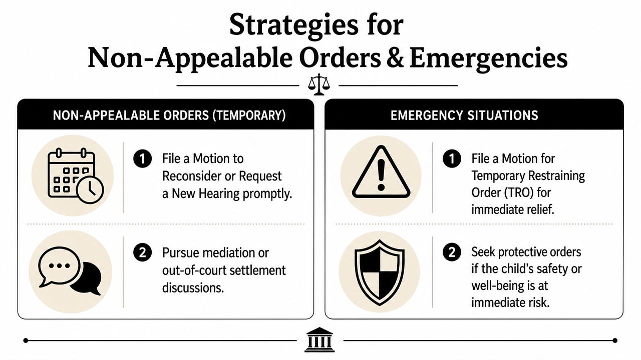 A legal chart explaining strategies for handling non-appealable court orders and emergency custody situations effectively.