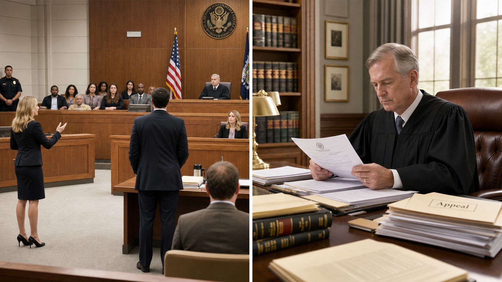 A judge reviewing legal documents in a courtroom setting while a legal case is being presented.