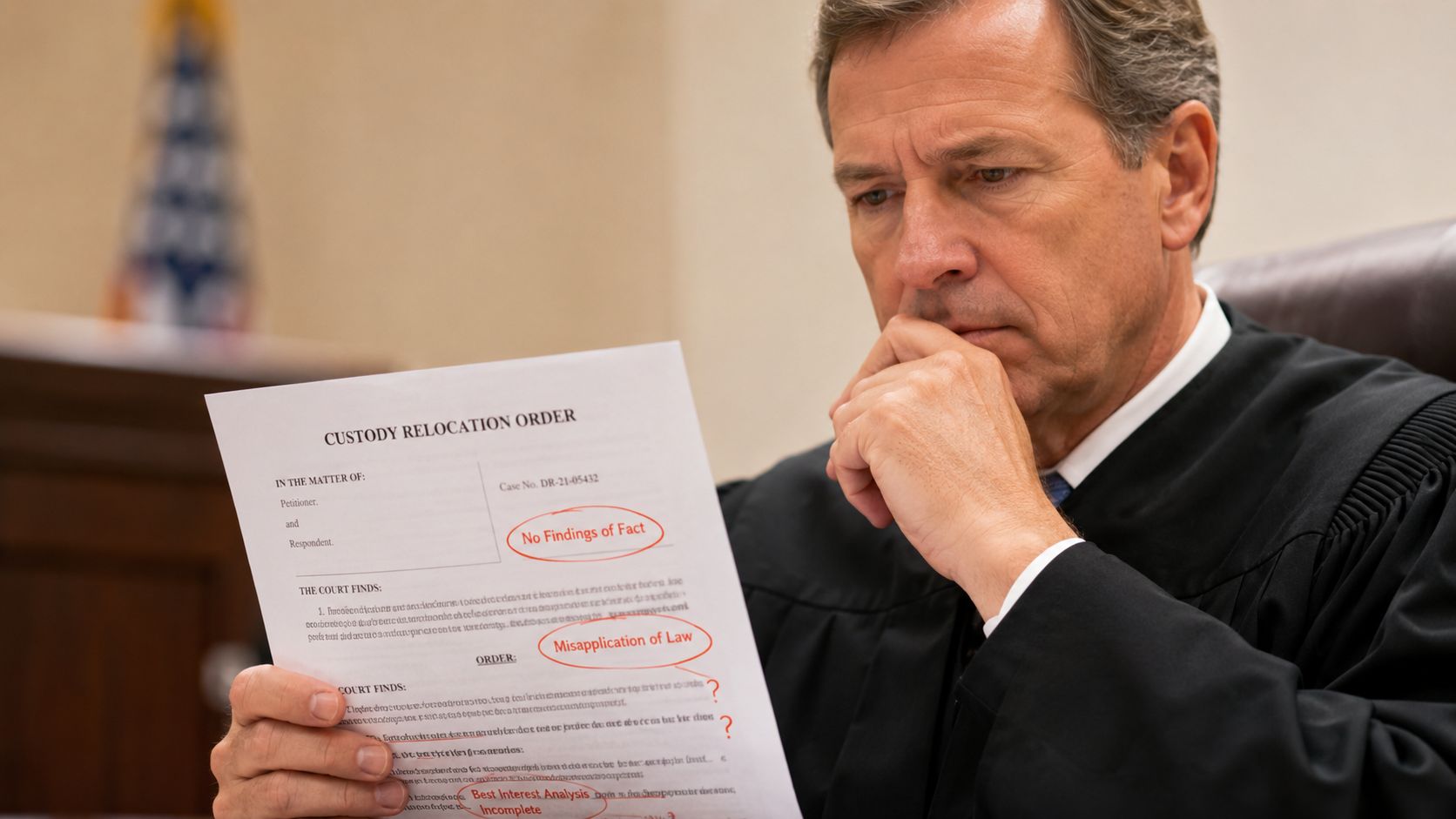A judge in a black robe thoughtfully reviews a custody relocation order marked with legal corrections.