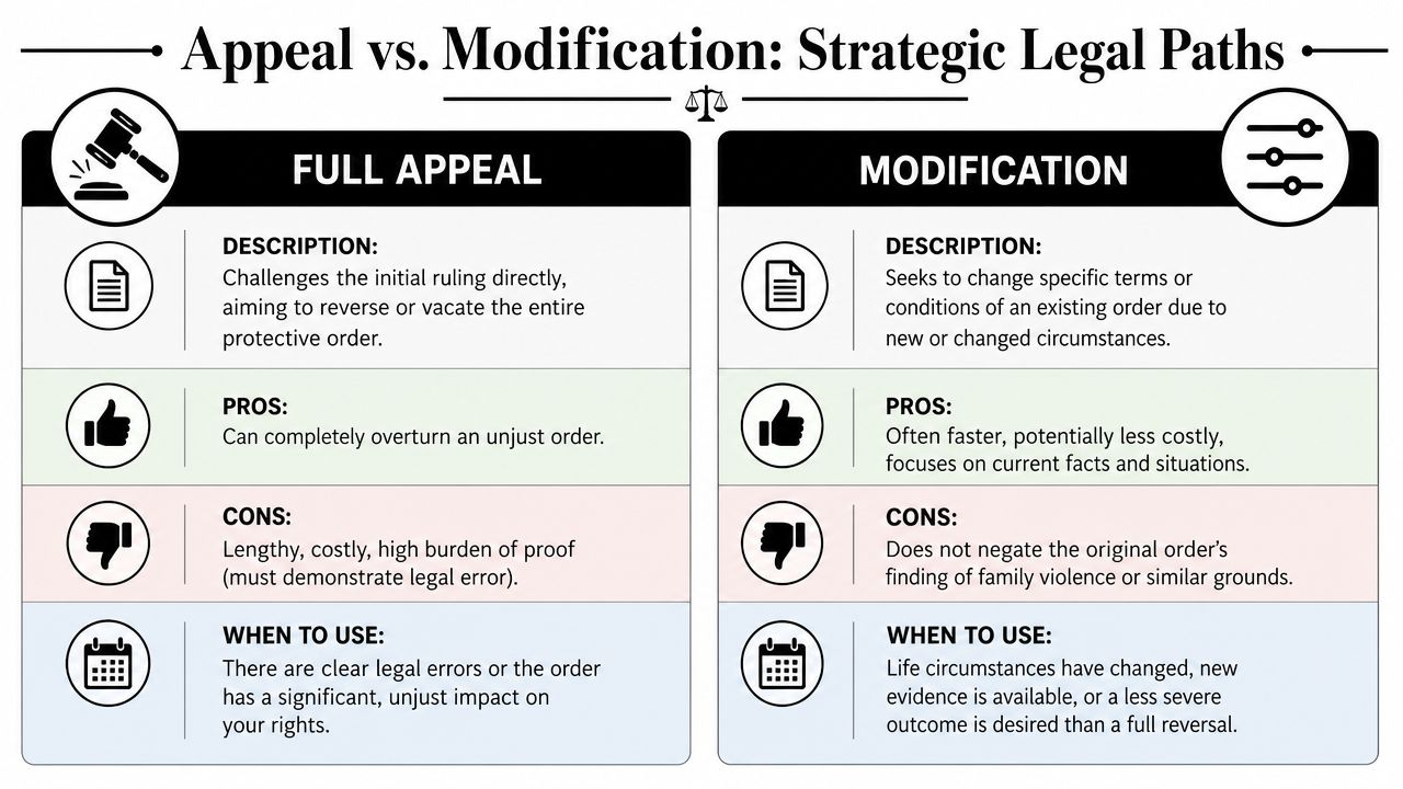 A comparison chart outlining the differences between a full legal appeal and a modification of an order.