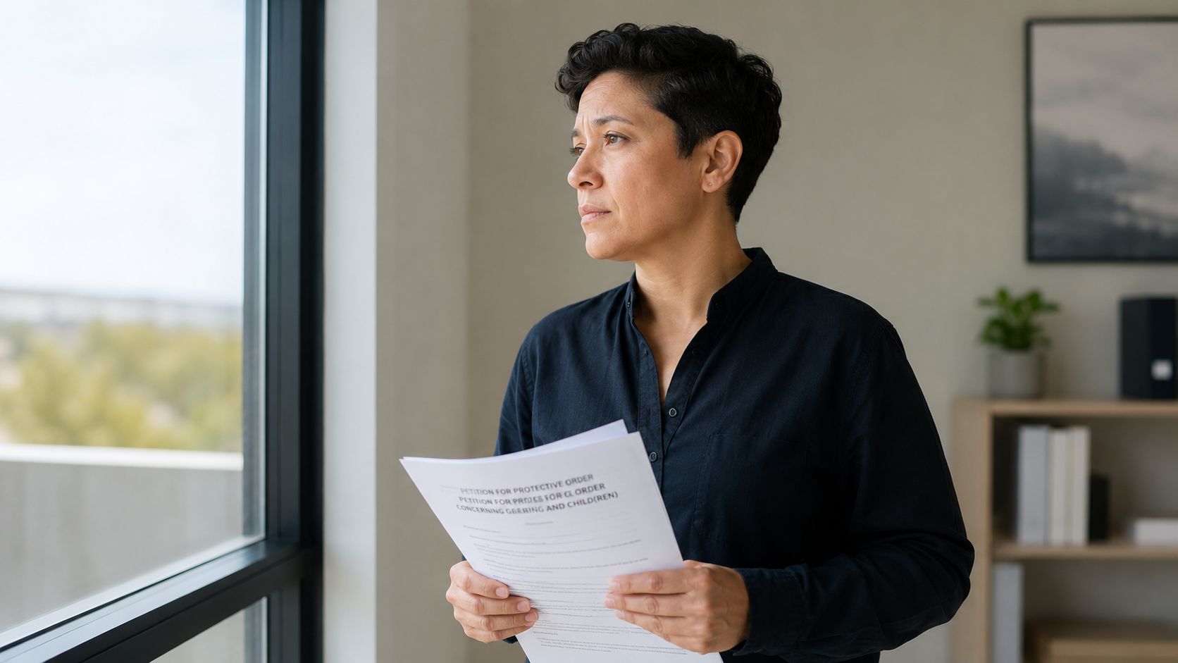 A concerned woman standing by a window holding a legal document titled Petition for Protective Order.