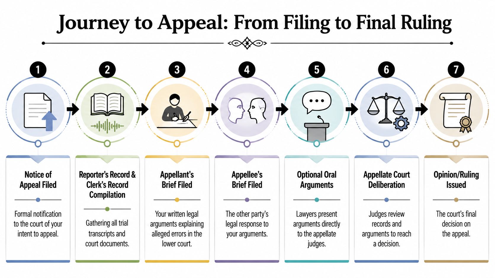 A step-by-step infographic titled Journey to Appeal illustrating the legal process from filing to final ruling.