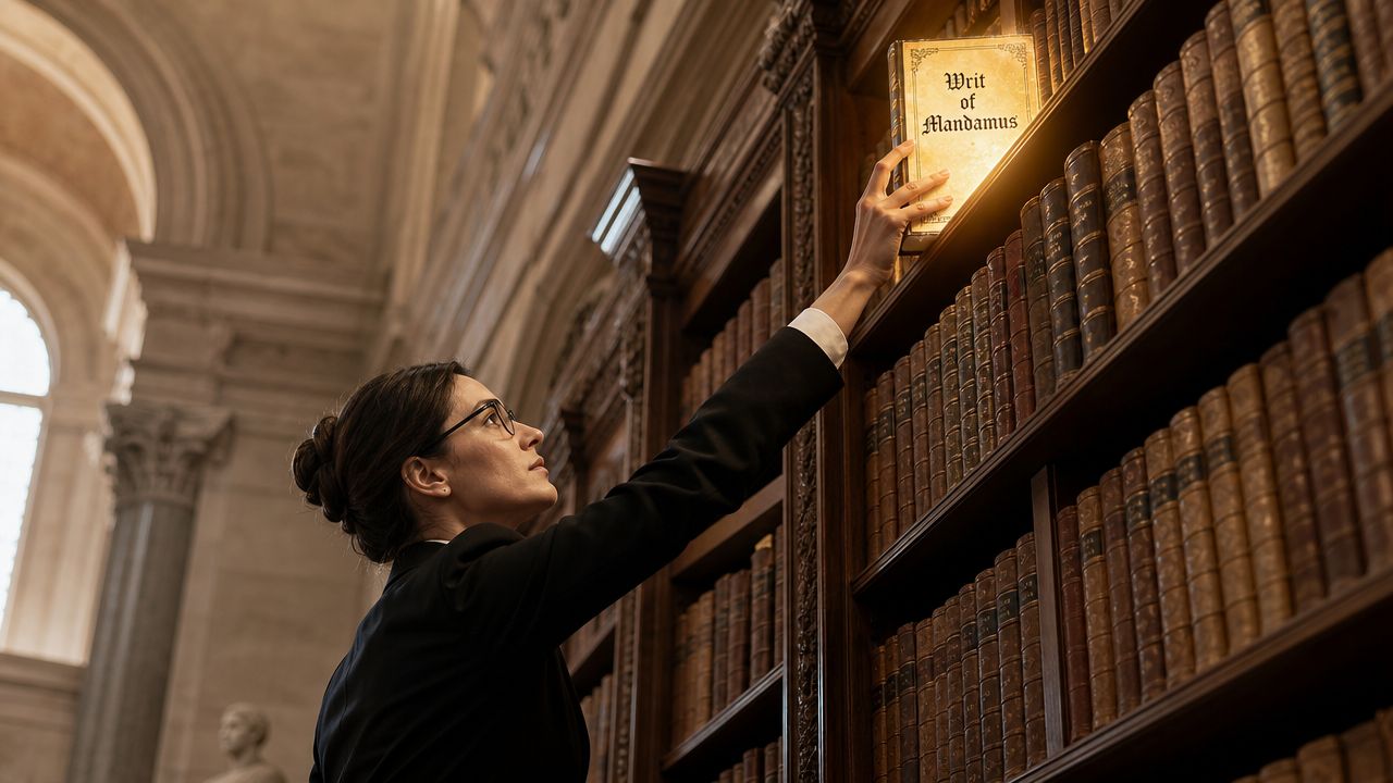 A professional woman in a library reaches for a glowing book titled Writ of Mandamus on a shelf.