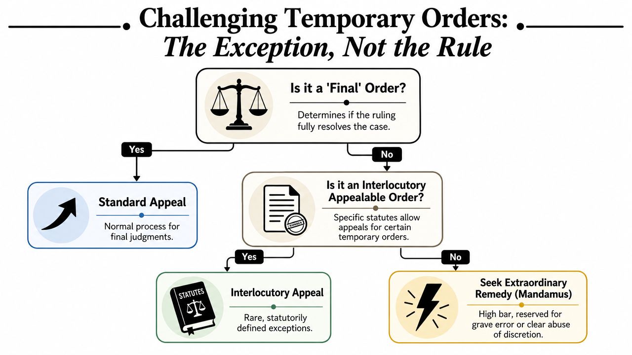 A flowchart explaining the legal process and options for challenging temporary court orders.