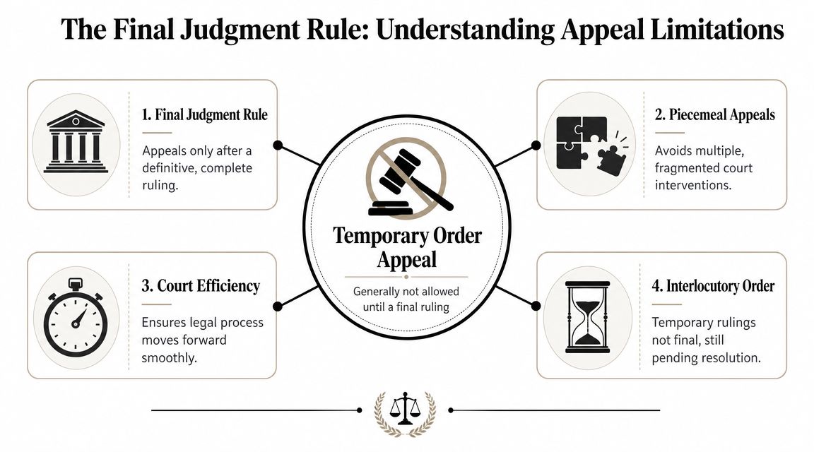 A diagram explaining that temporary court orders generally cannot be appealed until a final judgment is reached.