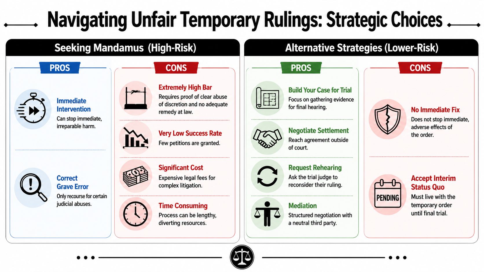 A comparison chart outlining strategic options for navigating unfair temporary court rulings, showing risks and benefits.