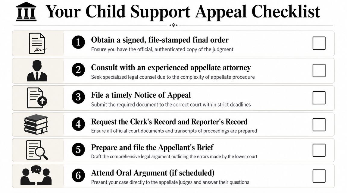 A six-step checklist titled Your Child Support Appeal Checklist for navigating the legal appeals process.