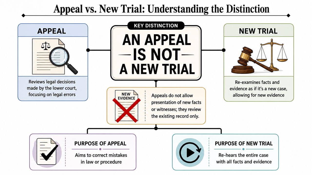 An infographic illustrating the key legal differences between an appeal and a new trial.