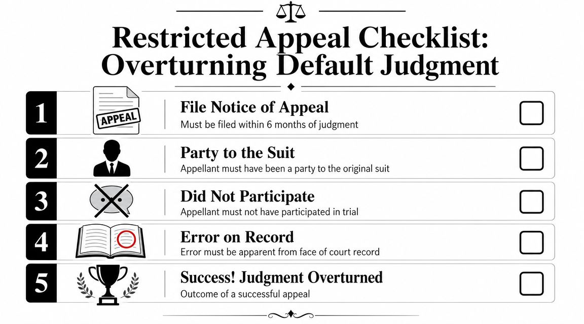 A checklist outlining the five steps required for a restricted appeal to overturn a default judgment.