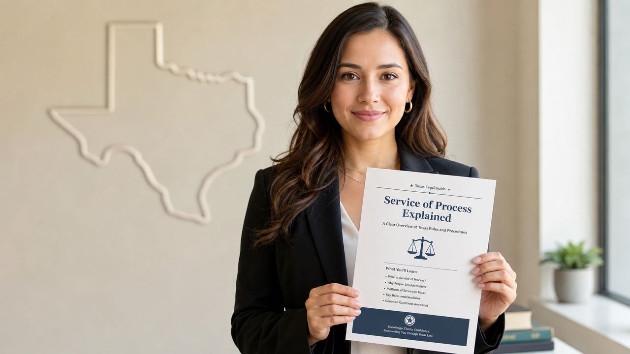 A professional woman holding a document about Service of Process in Texas inside an office.