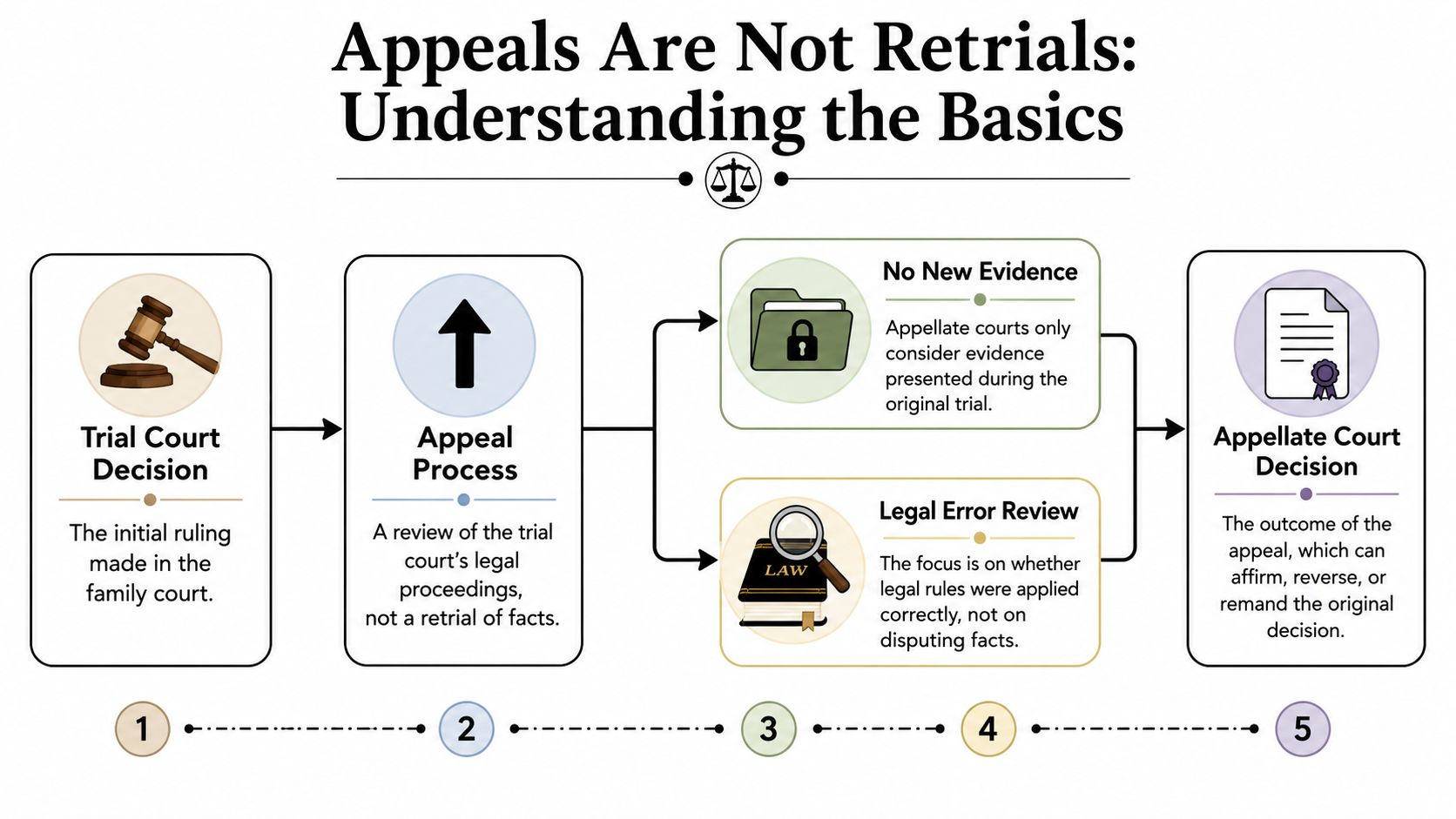 A flowchart explaining that appeals in family court are legal reviews, not retrials of existing evidence.