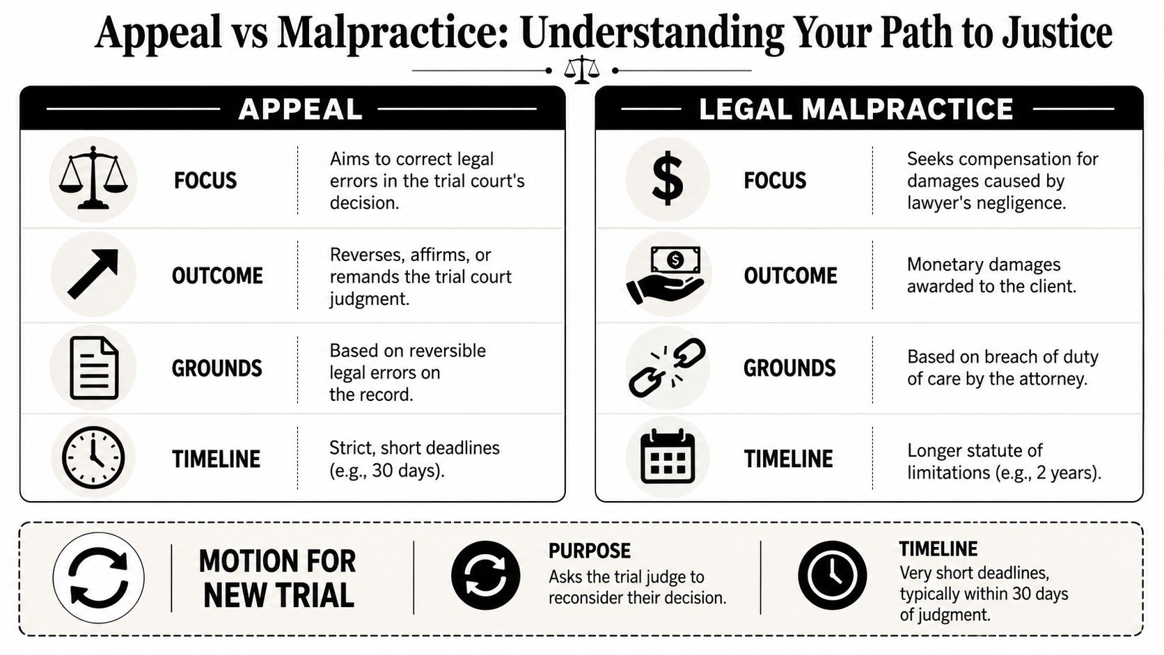 A comparison chart outlining differences between legal appeals, malpractice lawsuits, and motions for a new trial.