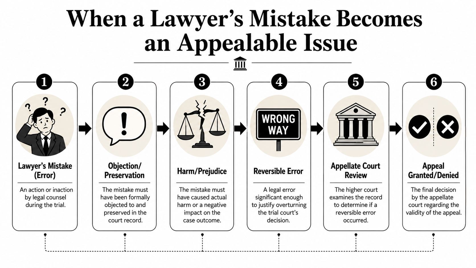 An infographic showing the six steps for how a lawyer's mistake can become an appealable issue.