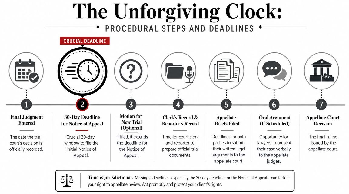 A procedural timeline infographic showing seven essential steps and deadlines in the appellate court legal process.