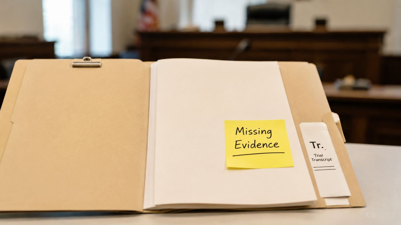 A tan folder rests on a courtroom desk with a yellow sticky note labeled Missing Evidence attached.