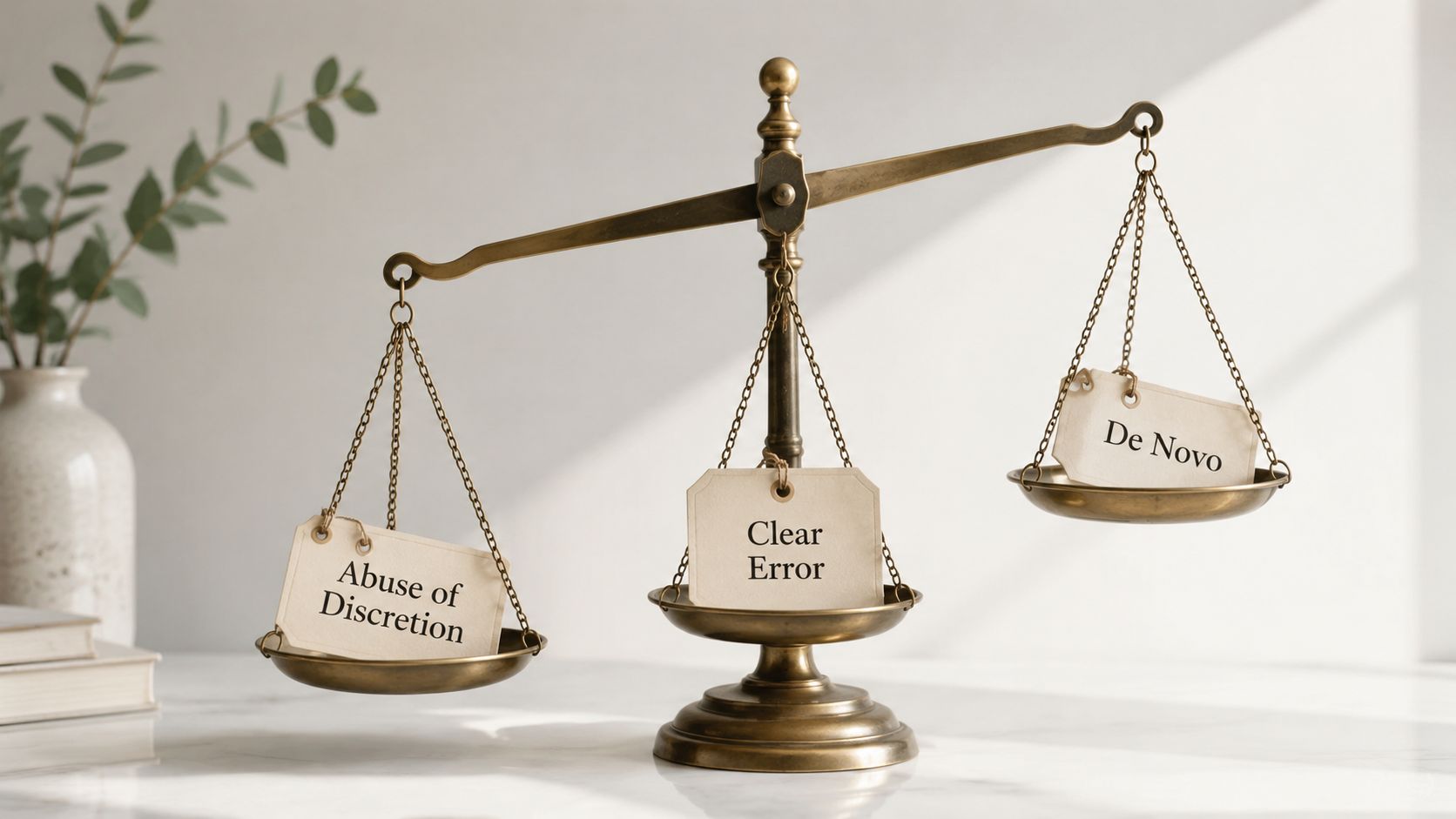 A vintage brass balance scale featuring tags labeled Abuse of Discretion, Clear Error, and De Novo.