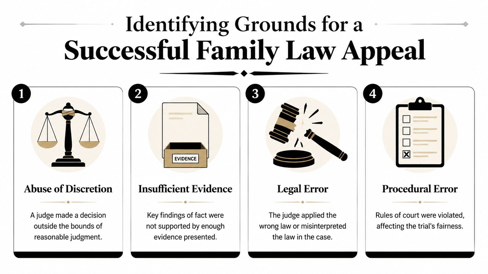 An infographic showing four common legal grounds for filing a successful family law appeal in court.