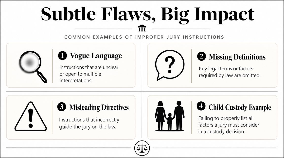 An infographic detailing four common examples of improper jury instructions in a legal context.