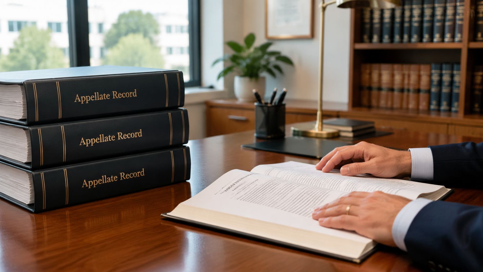 A professional lawyer reviewing legal documents on a wooden desk with a stack of appellate record books.
