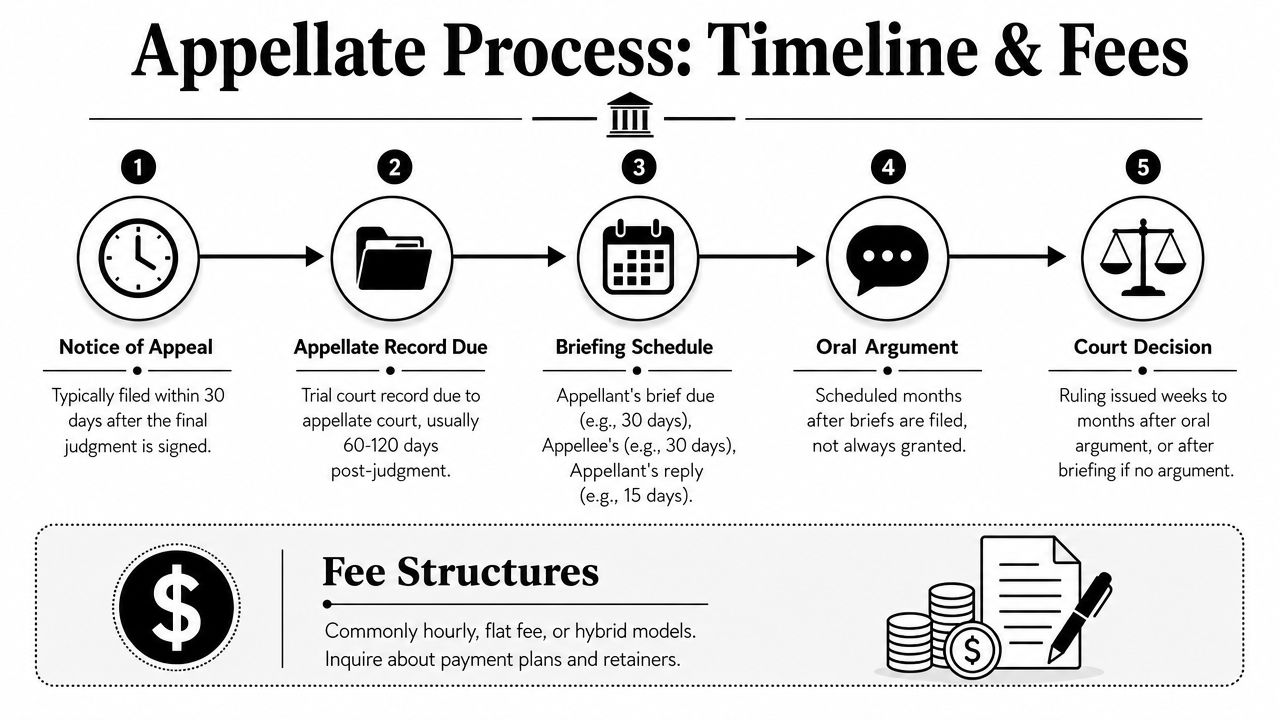 A diagram outlining the five-step legal appellate process timeline and common legal fee structures for appeals.
