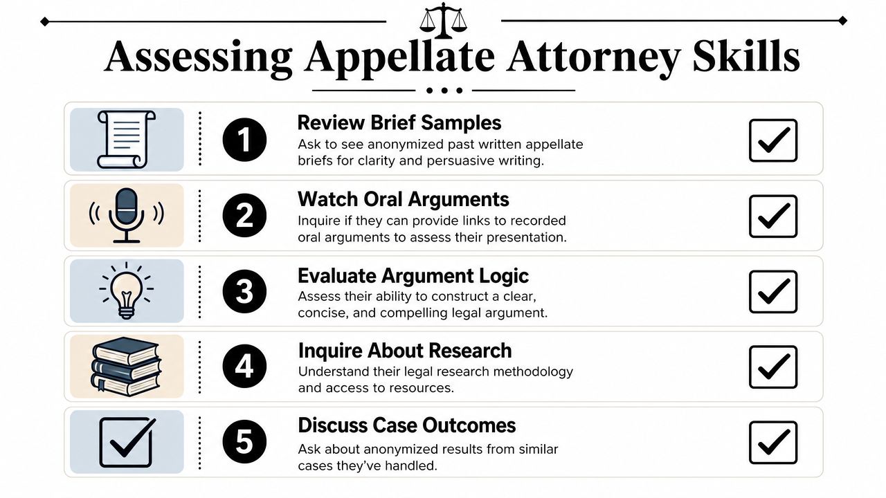 A checklist infographic titled Assessing Appellate Attorney Skills showing five essential steps for evaluating legal representation.