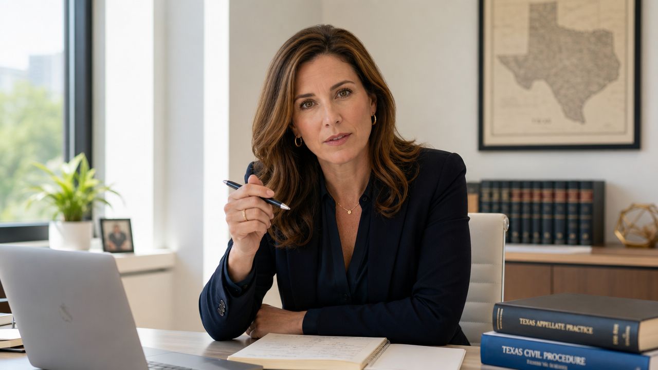 A professional female attorney sits at her desk in a law office with Texas law books.