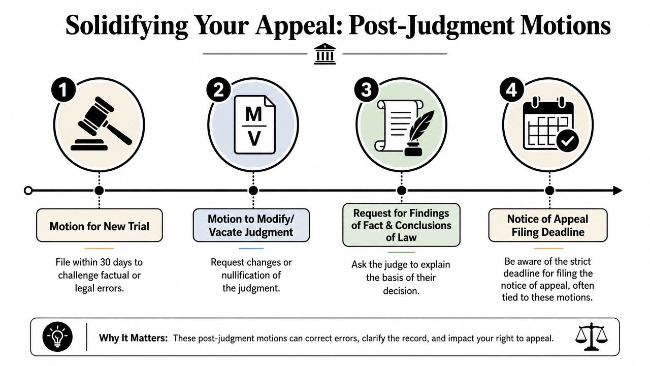 A flowchart infographic outlining four steps for filing post-judgment motions in a legal appeal process.