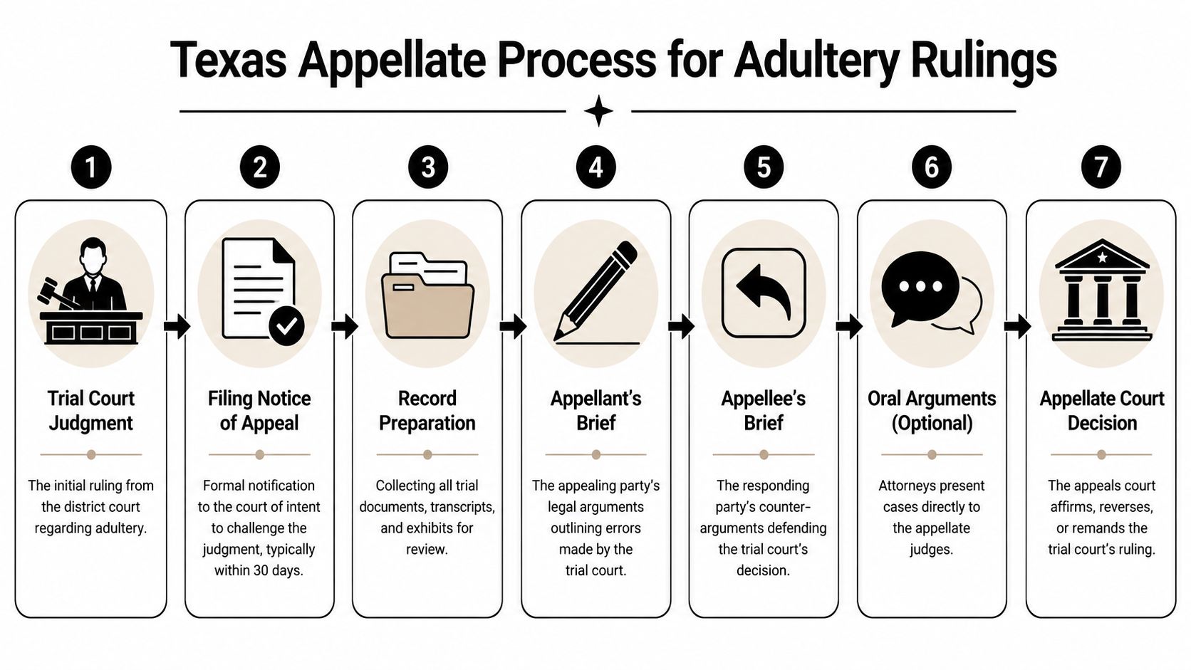 An infographic detailing the seven steps of the Texas appellate process for handling adultery court rulings.
