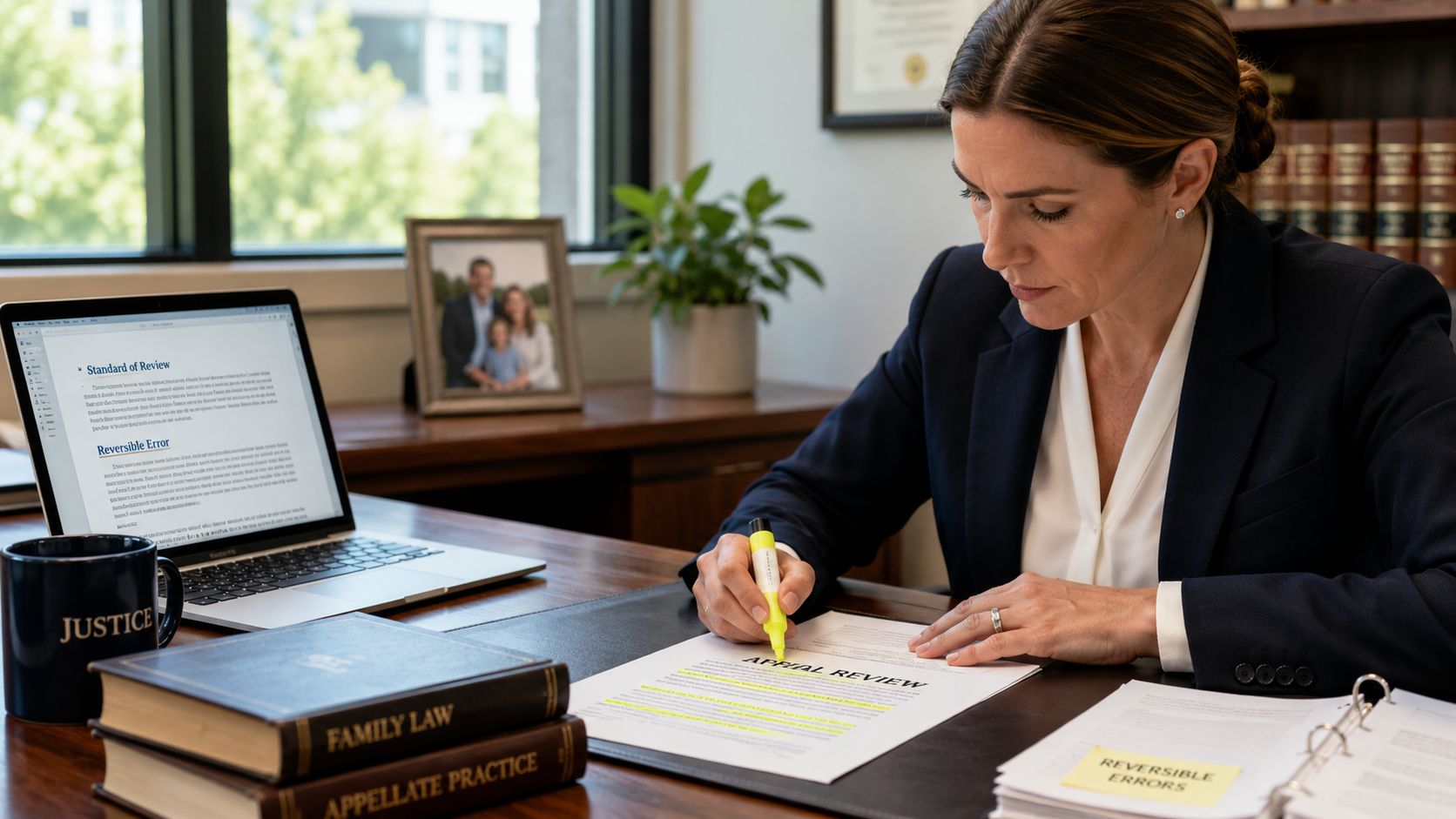 A professional lawyer in a suit highlights document text titled appeal review at her office desk.