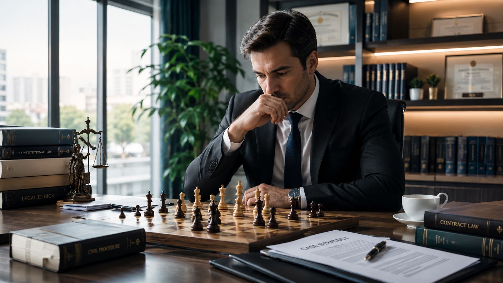 A focused lawyer sitting in a professional office, deeply contemplating a move on a chess board.