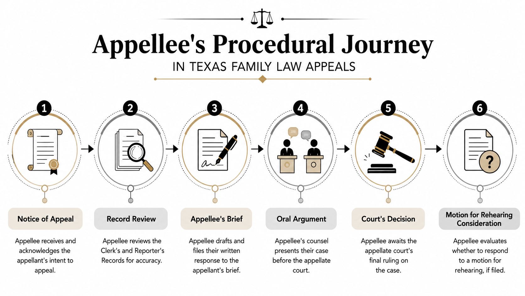 A visual flow chart detailing the six steps of an appellee's procedural journey in Texas family law appeals.