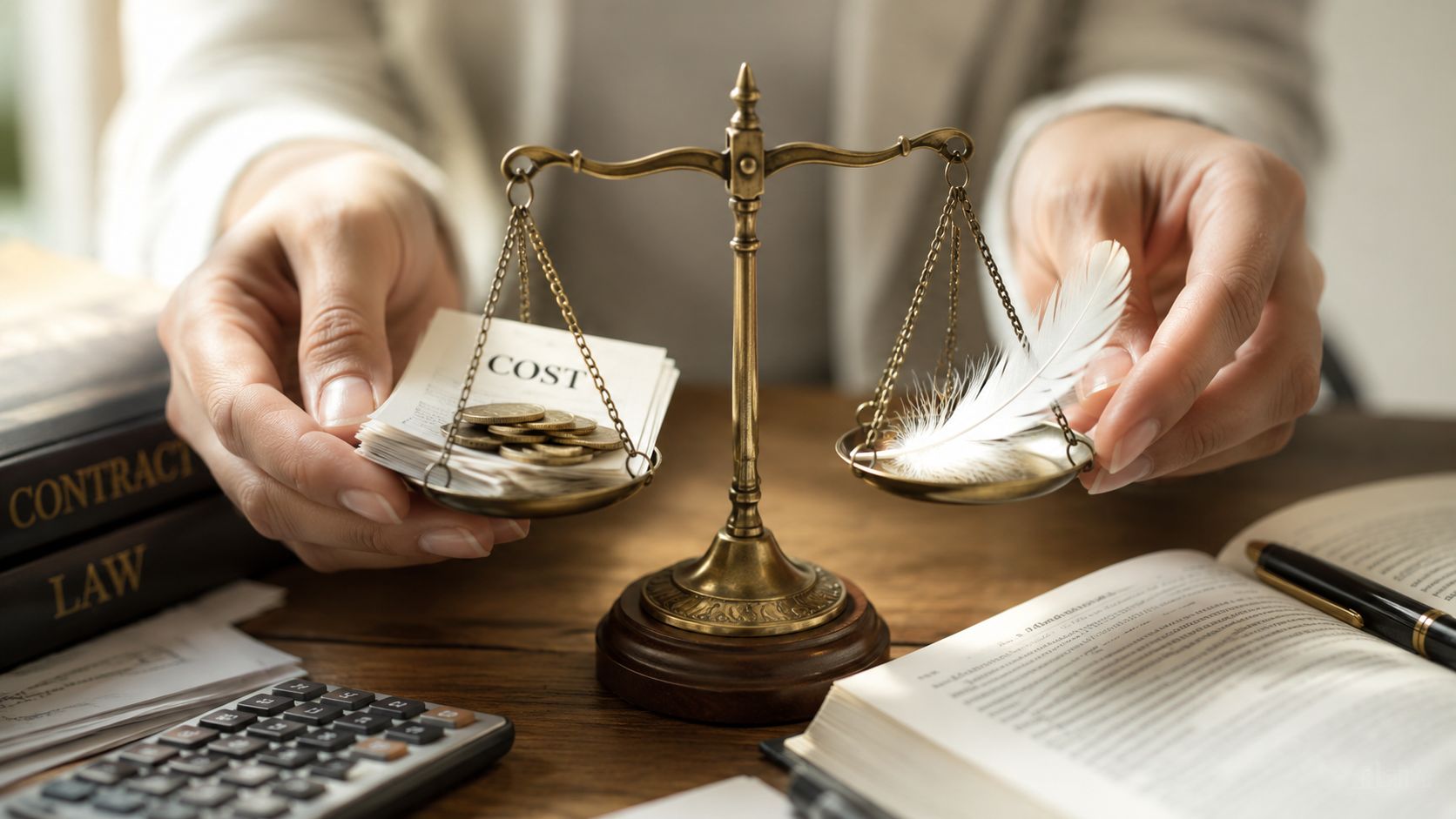 A pair of brass scales balancing legal costs and a feather on a wooden desk with law books.