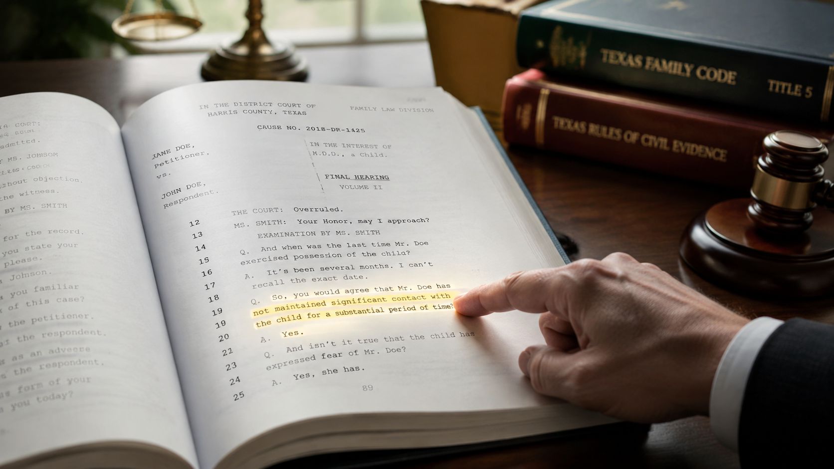 A legal transcript in a Texas family law case with a finger pointing to highlighted testimony.