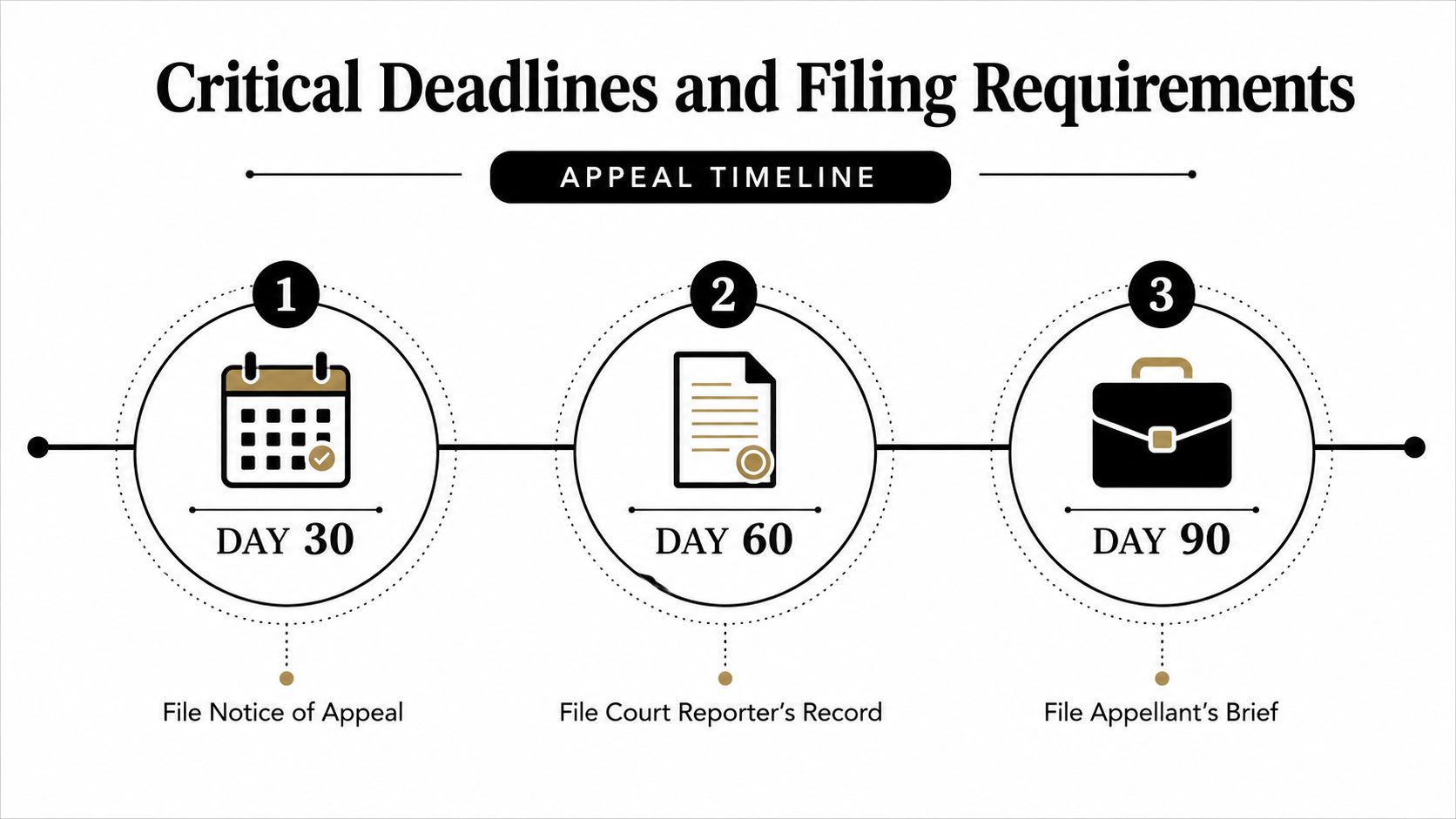 A timeline graphic showing appeal deadlines at Day 30, Day 60, and Day 90 for legal filings.