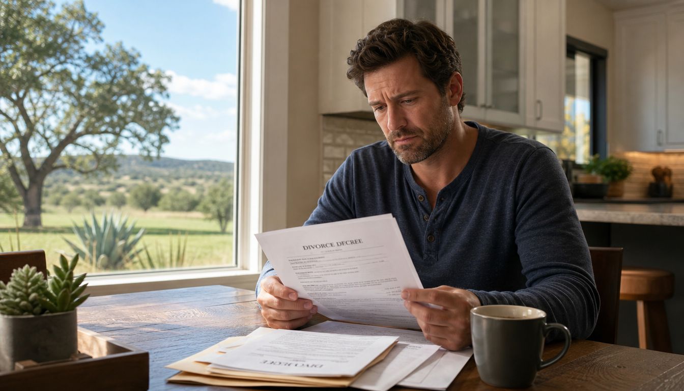 A man sitting at a table with a look of concern while reviewing divorce decree documents.