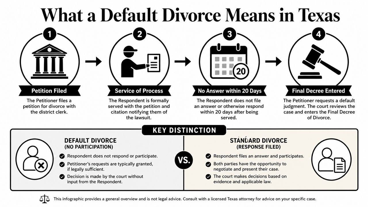 An infographic detailing the four steps and the key distinctions of a default divorce in Texas.