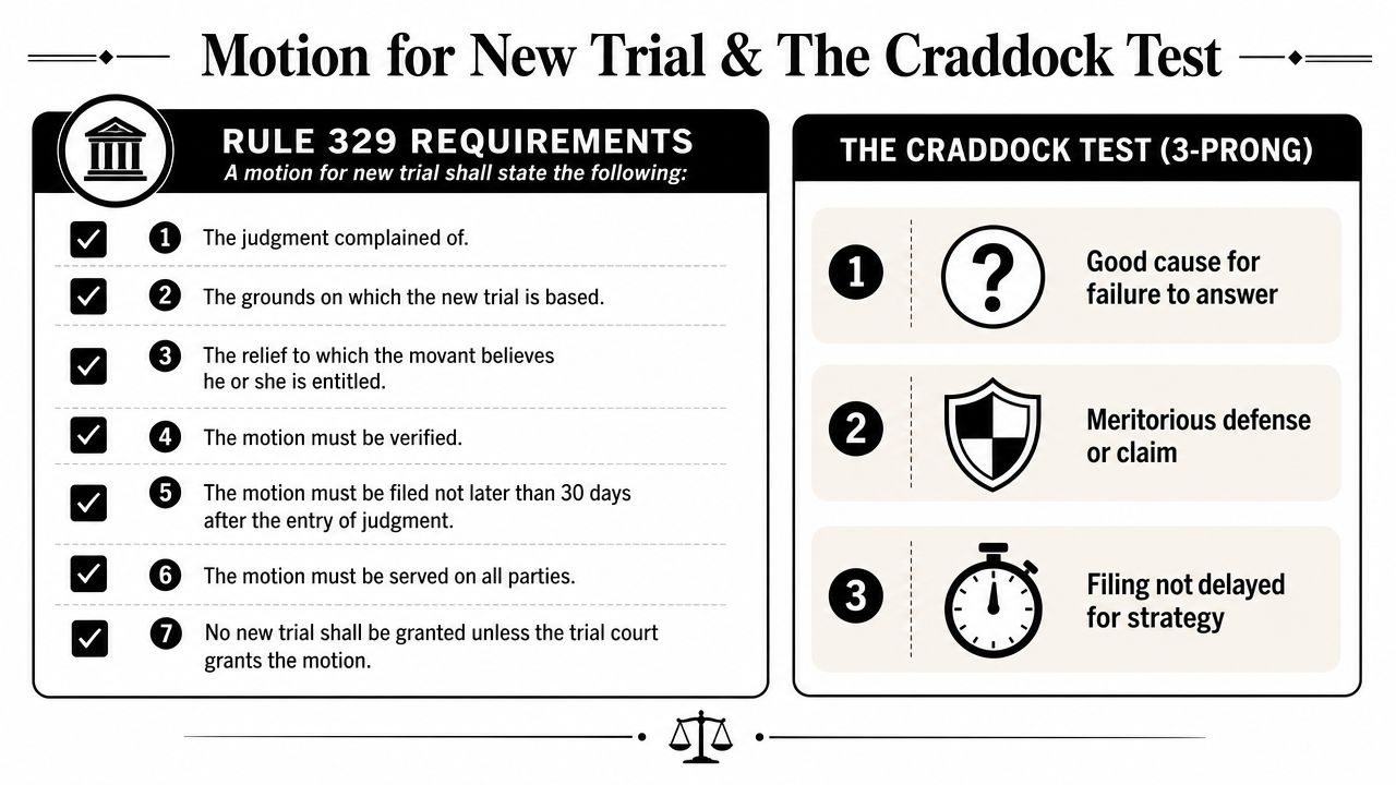 An infographic detailing Rule 329 requirements and the three-prong Craddock test for filing a motion for new trial.