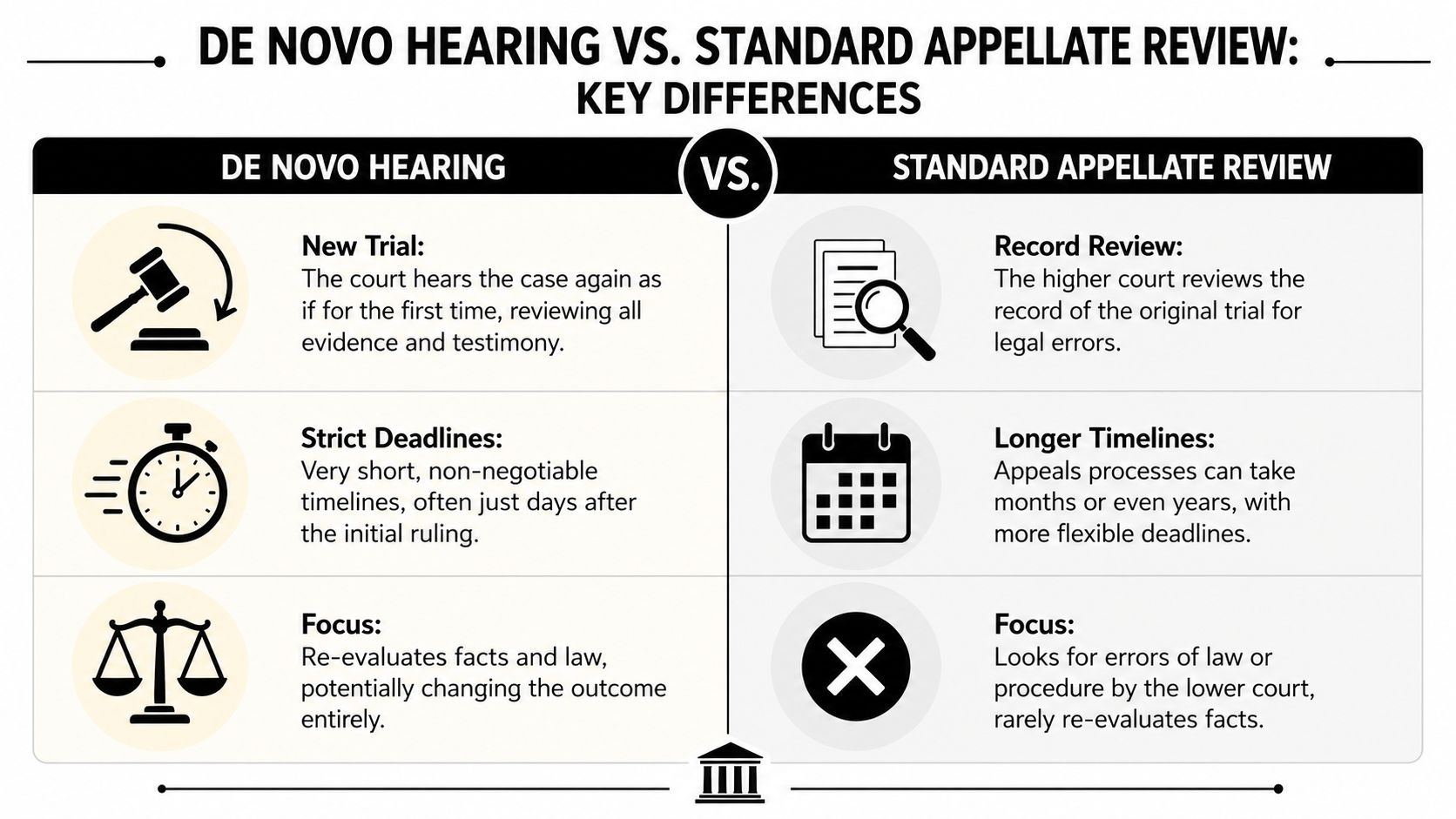 A comparison chart outlining the key differences between a de novo hearing and standard appellate review.