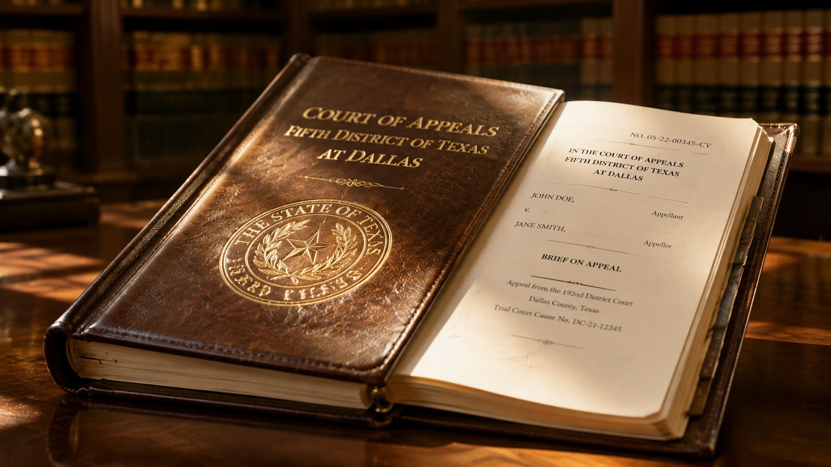 A leather-bound legal book rests on a wooden desk, displaying a Court of Appeals case document.