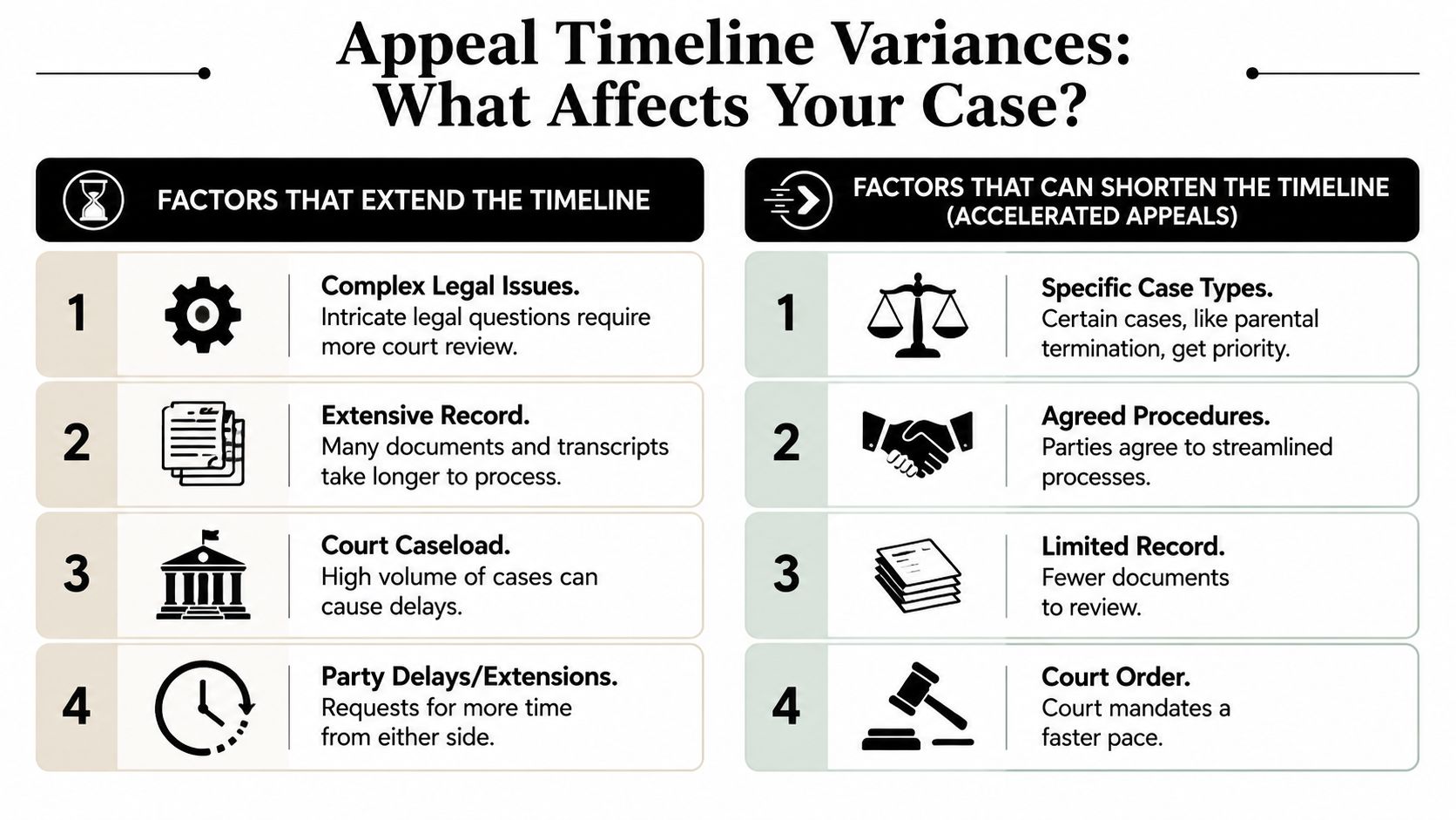 A chart comparing factors that extend and shorten the timeline for legal appeals in court proceedings.