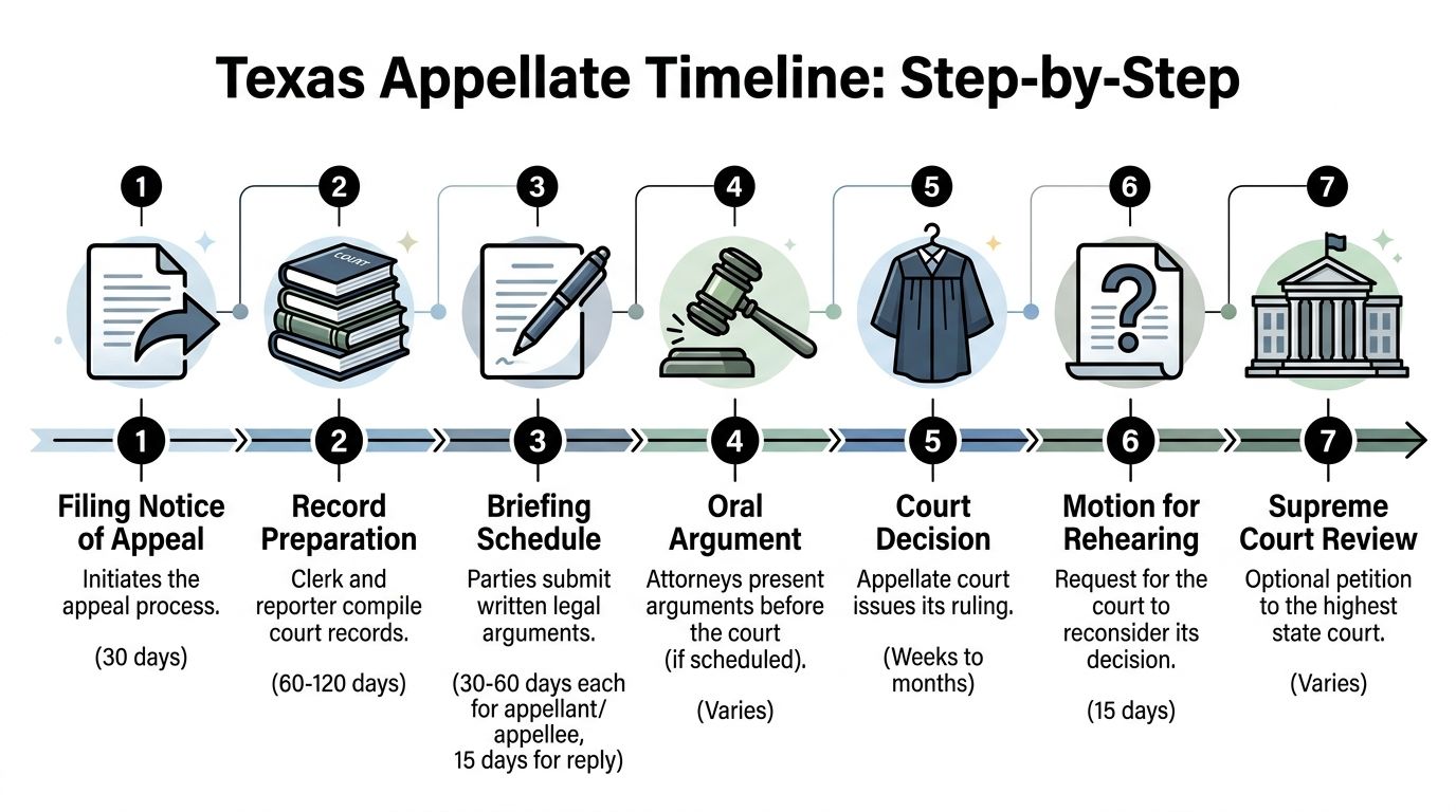 A step-by-step infographic illustrating the seven stages of the Texas appellate process from filing to review.