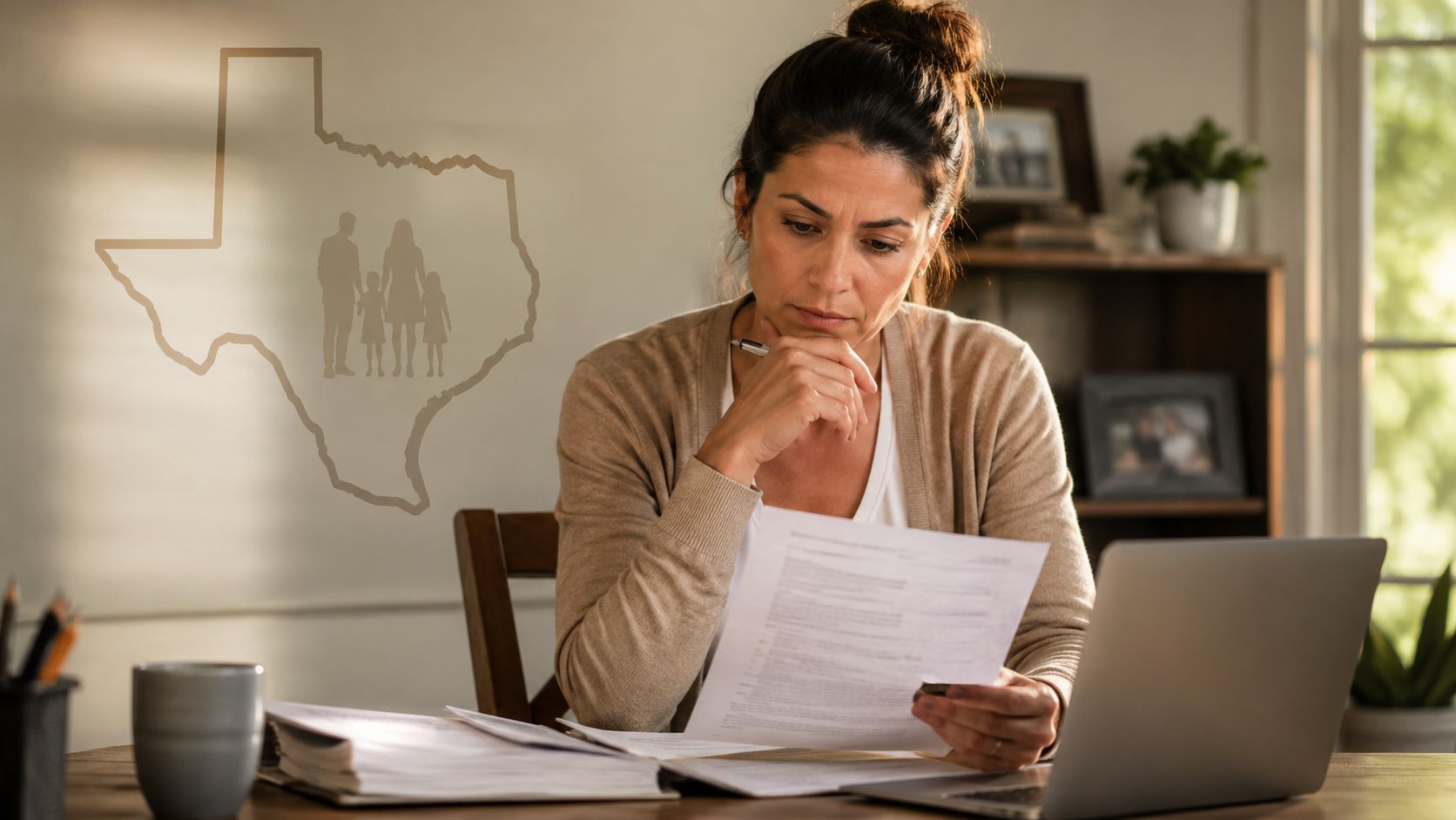 A concerned woman sits at a desk reviewing financial documents in a home office setting in Texas.