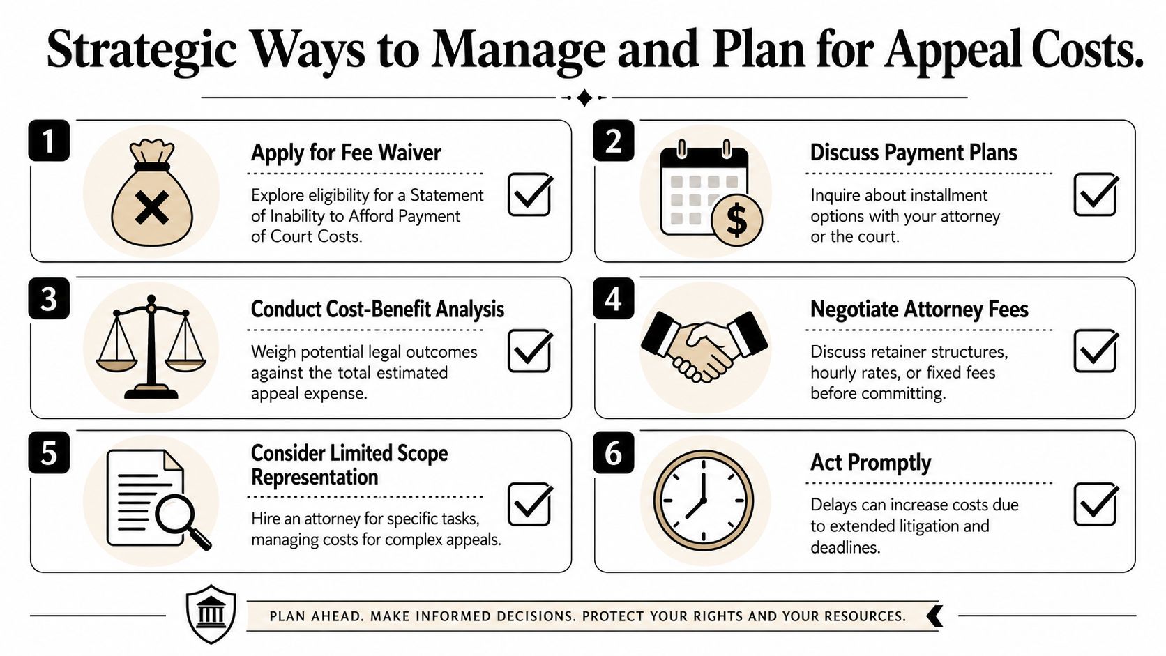 An infographic titled Strategic Ways to Manage and Plan for Appeal Costs with six numbered tips.